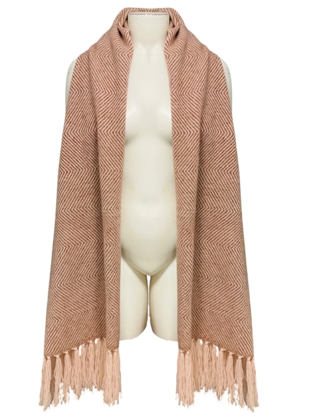LORO PIANA LIGHT PINK FRINGED HERRINGBONE PATTERNED BABY CASHMERE LONG SCARF